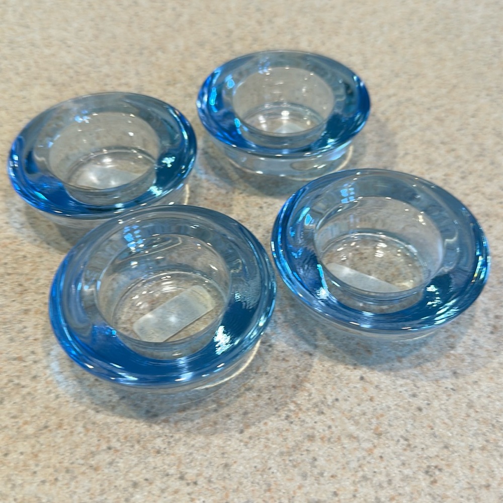 4 IKEA Retro Style Chunky Transparent Blue Glass Tea Light Candle Holders